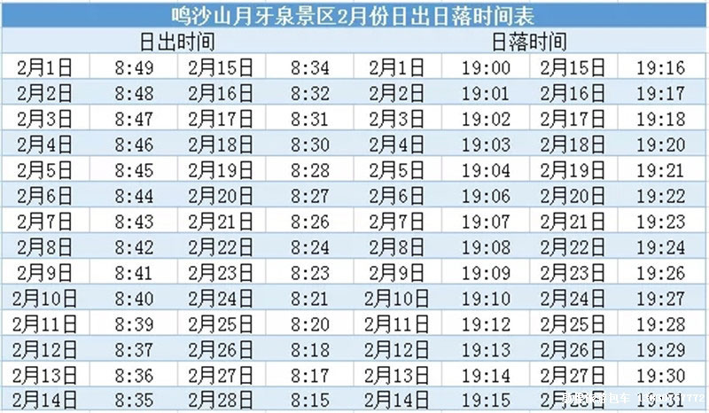 鸣沙山·月牙泉日出、日落时间表